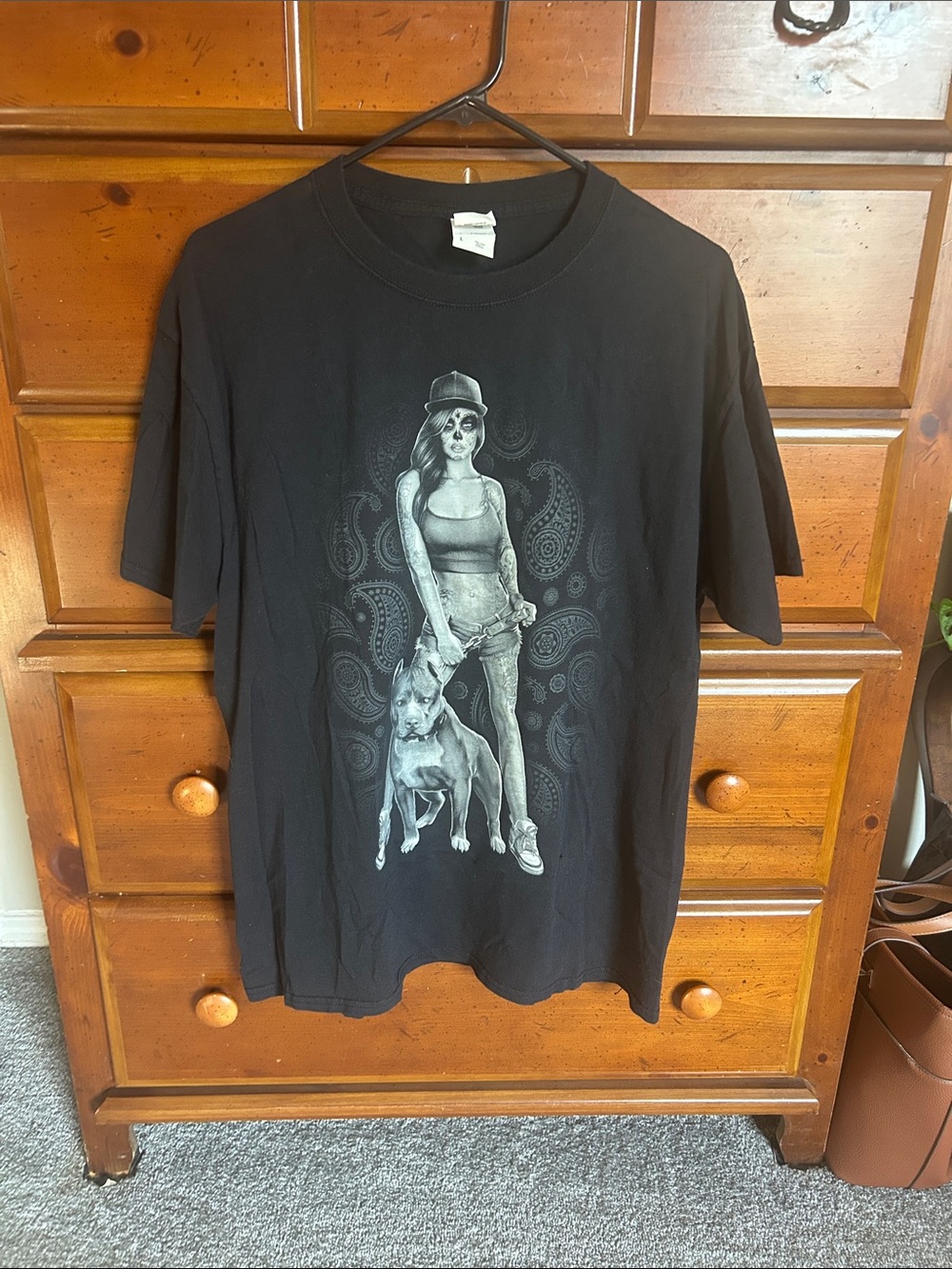 Black Graphic Tee with Woman & Dog Print - Women Tops